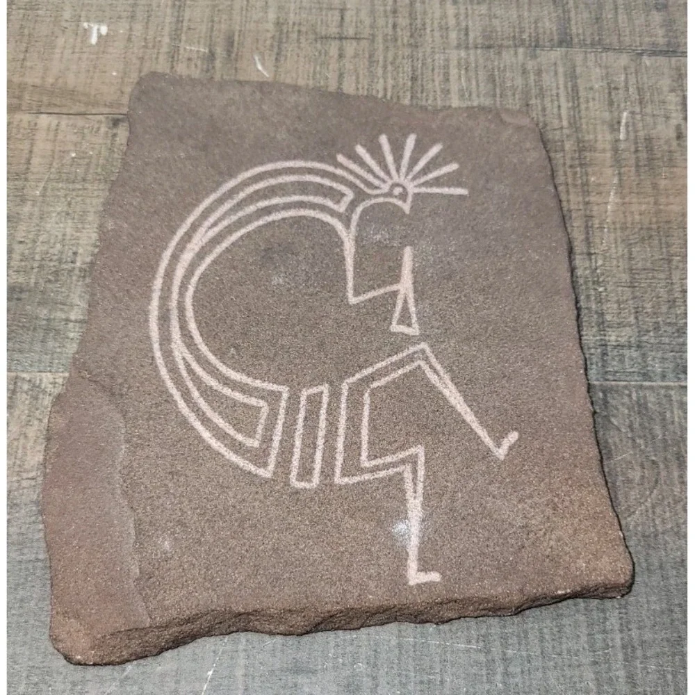Kokopelli Native Style Sandstone Art Tile Signed Etched Stone Decor USA Made